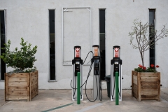 Three electric vehicle chargers in front of the CCV offices in Brawley, CA.