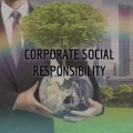 businessmann holding a small earth sprouting a tree, text says "corporate social responsibility" overlaid